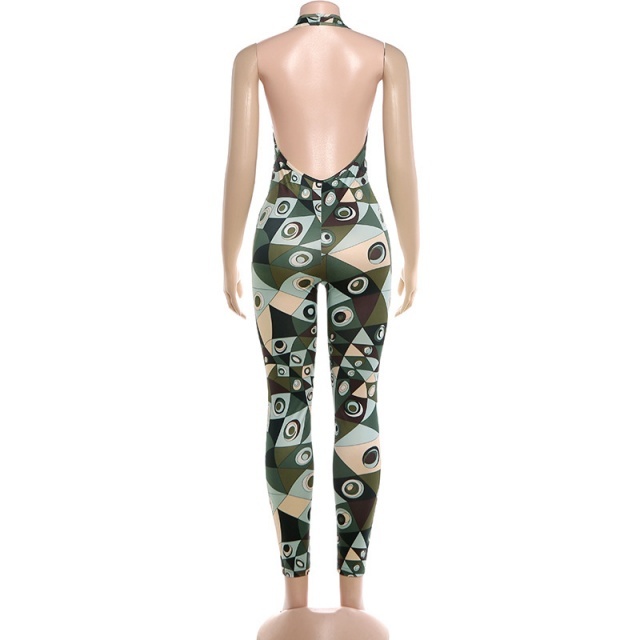 Chic Printed Halter V Neck Backless Fitted Jumpsuit
