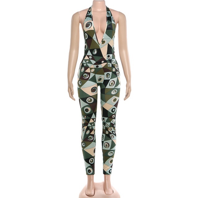 Chic Printed Halter V Neck Backless Fitted Jumpsuit