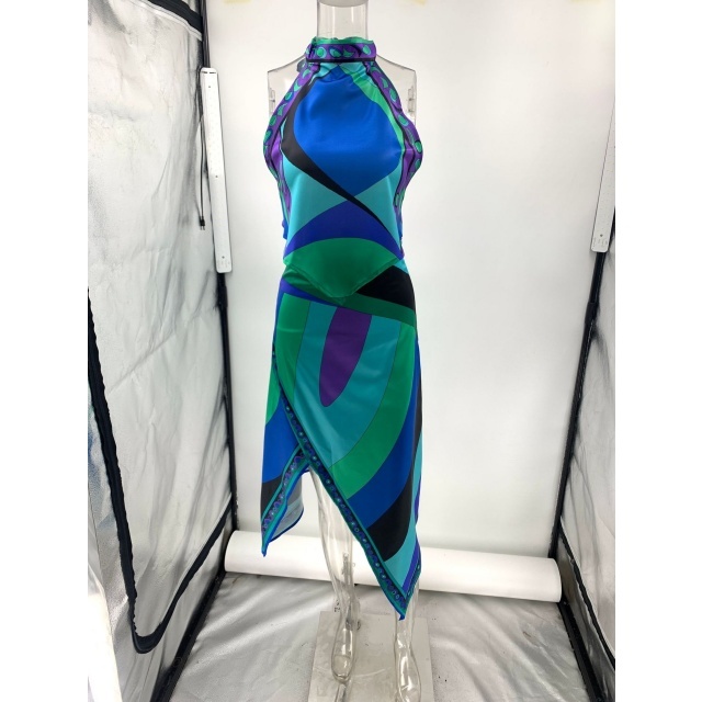 Cold Shoulder Halter Backless Top Irregular skirt Set