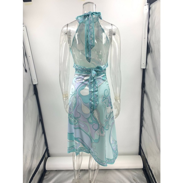 Cold Shoulder Halter Backless Top Irregular skirt Set