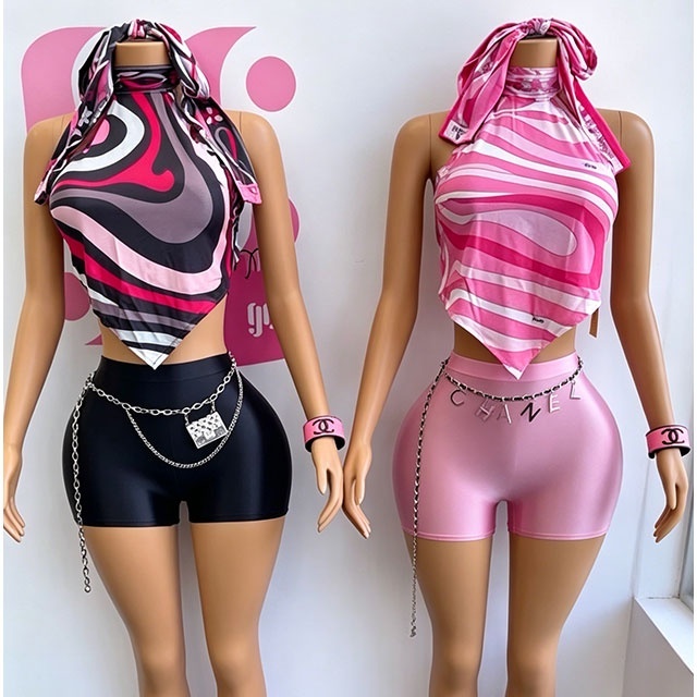 Halter Neck Backless Crop Top Fitted Short Set with Headscarf