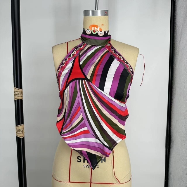 Halter Neck Backless Crop Top Fitted Short Set with Headscarf