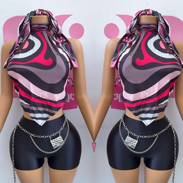 Halter Neck Backless Crop Top Fitted Short Set with Headscarf