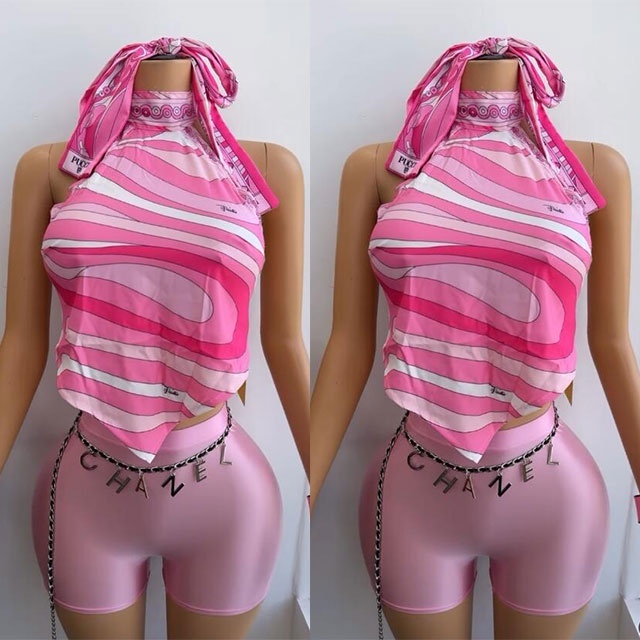 Halter Neck Backless Crop Top Fitted Short Set with Headscarf
