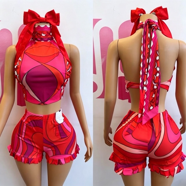 Halter Neck Backless Crop Top Short Set