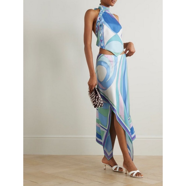 Printed Halter Backless Top Irregular skirt Set