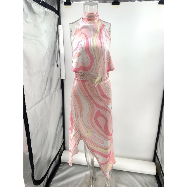 Printed Halter Backless Top Irregular skirt Set