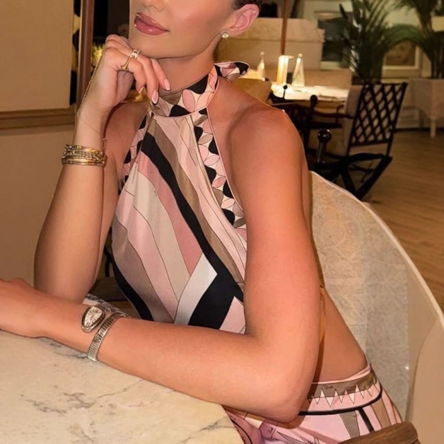 Printed Halter Neck Backless Top Irregular skirt Set
