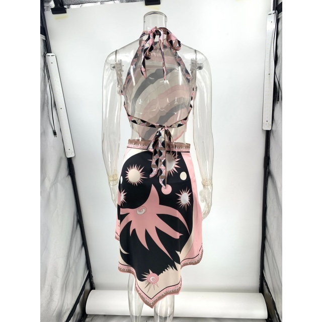 Printed Halter Neck Backless Top Irregular skirt Set
