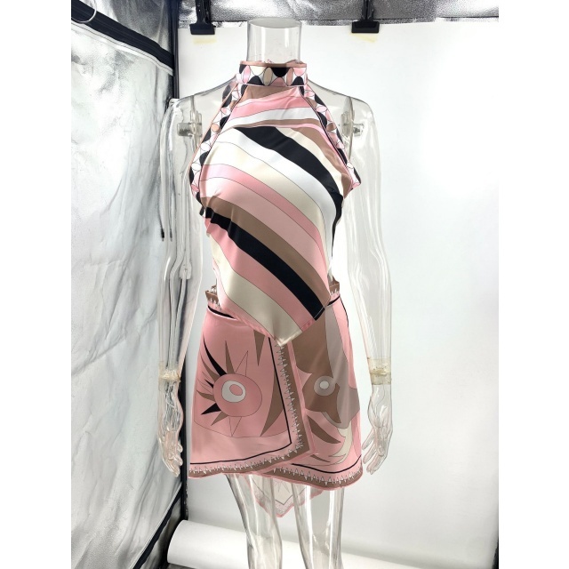 Printed Halter Neck Backless Top Irregular skirt Set