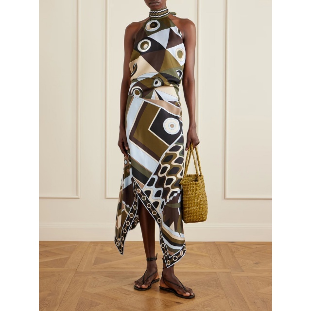 Vacation Style Printed Halter Top Irregular skirt Set