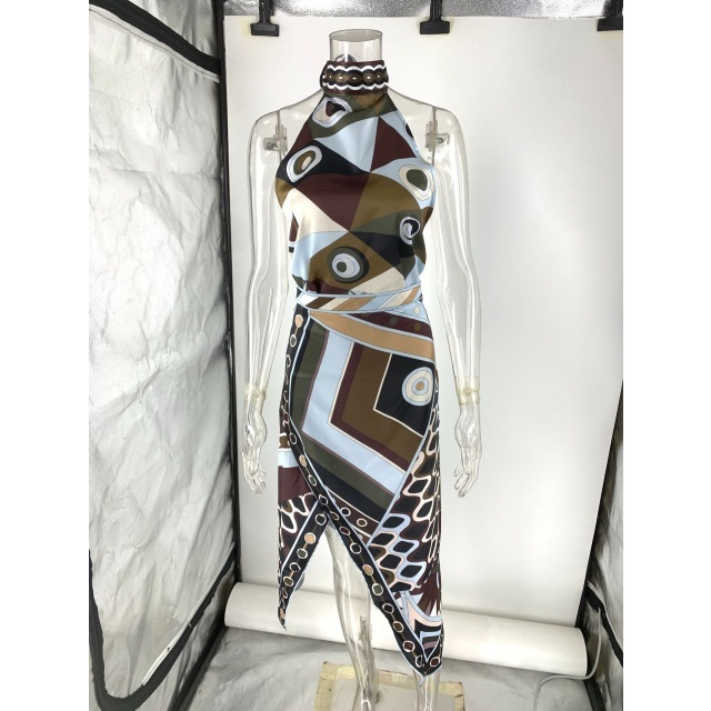 Vacation Style Printed Halter Top Irregular skirt Set