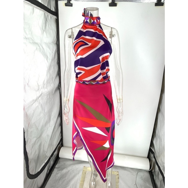Vacation Style Printed Halter Top Irregular skirt Set