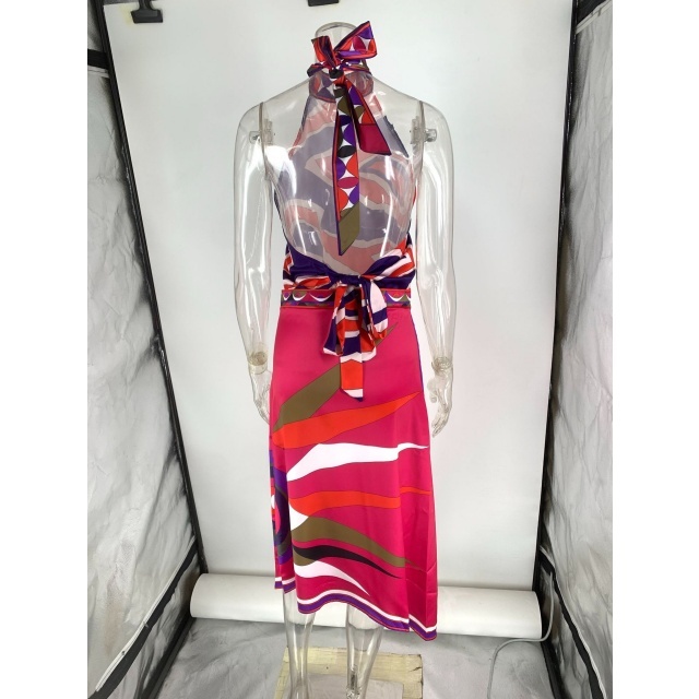 Vacation Style Printed Halter Top Irregular skirt Set