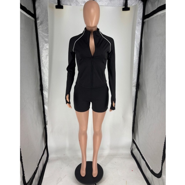 Activewear Zipper Up Long Sleeve Top Fitted Short Set