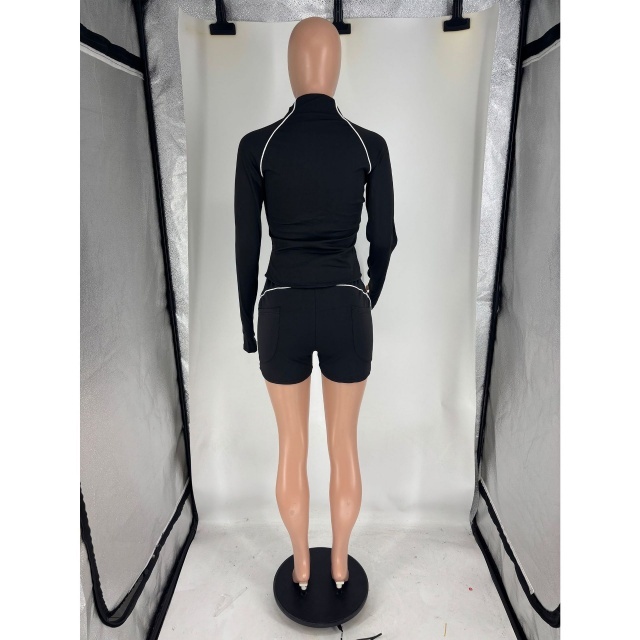 Activewear Zipper Up Long Sleeve Top Fitted Short Set