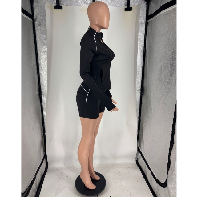 Activewear Zipper Up Long Sleeve Top Fitted Short Set
