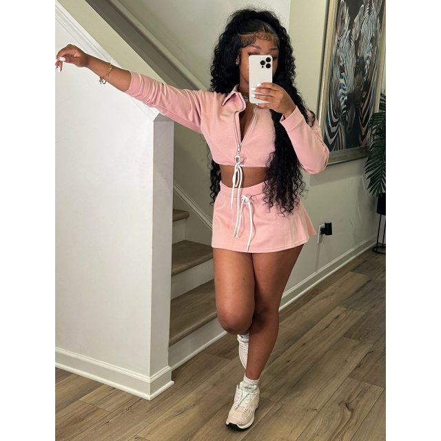 Collared Zip-up Drawstring Sweatshirt Skirt Set