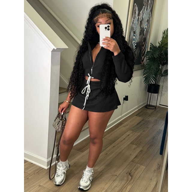 Collared Zip-up Drawstring Sweatshirt Skirt Set