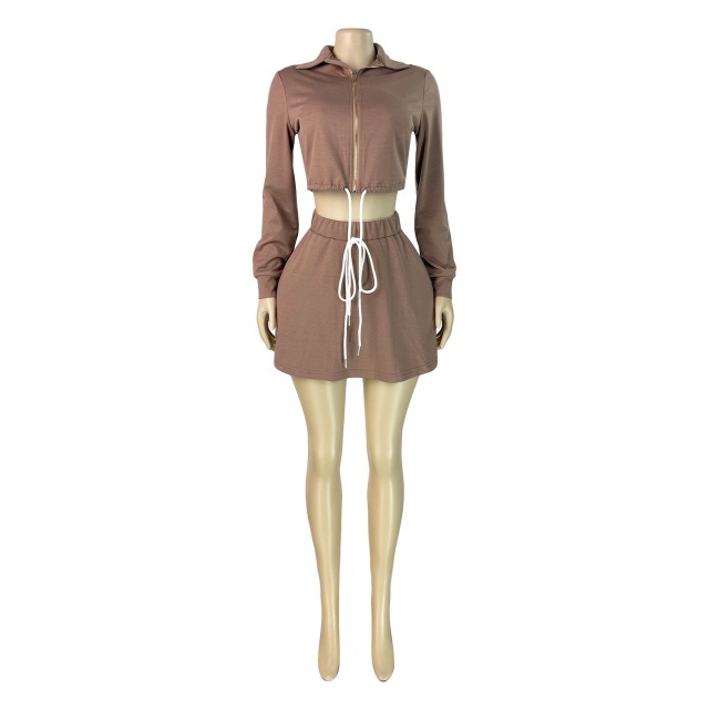Collared Zip-up Drawstring Sweatshirt Skirt Set