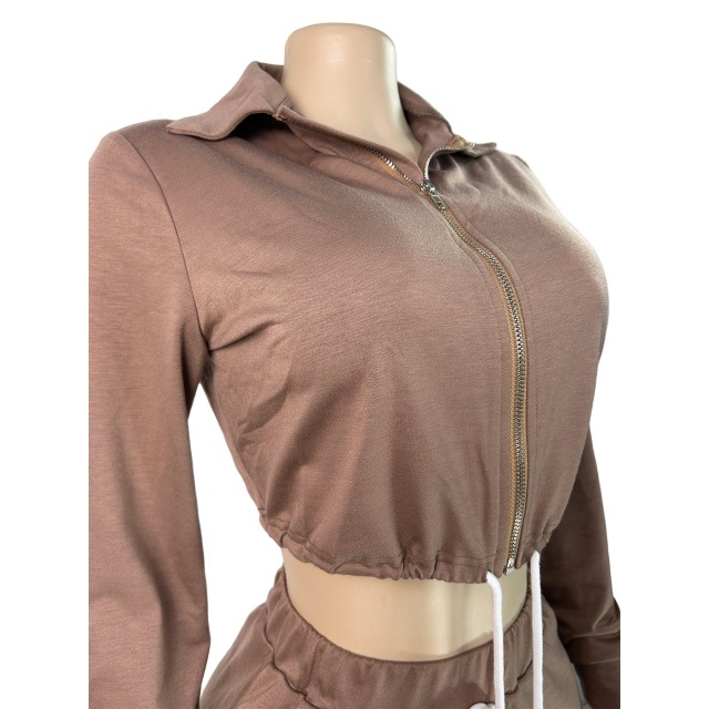 Collared Zip-up Drawstring Sweatshirt Skirt Set