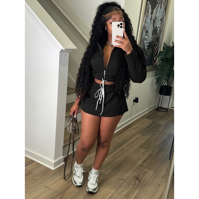 Collared Zip-up Drawstring Sweatshirt Skirt Set