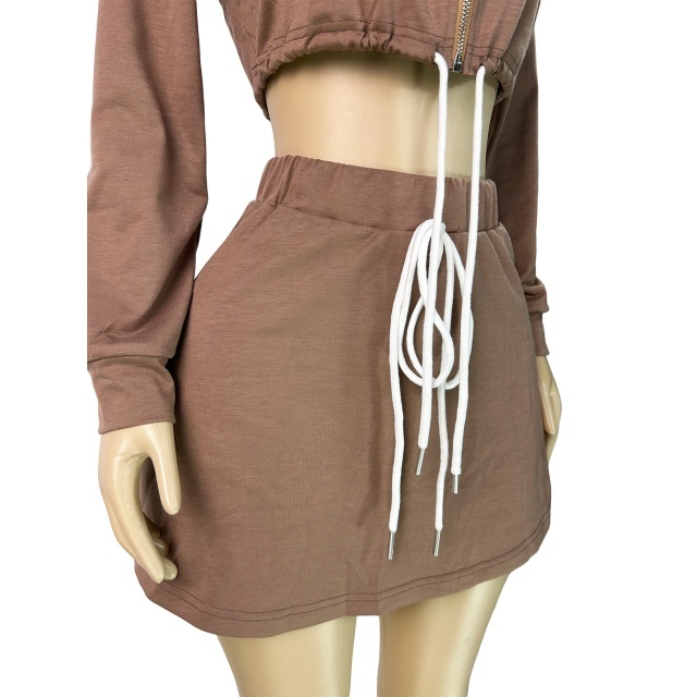 Collared Zip-up Drawstring Sweatshirt Skirt Set