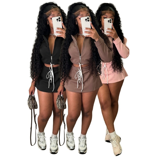 Collared Zip-up Drawstring Sweatshirt Skirt Set