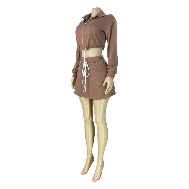 Collared Zip-up Drawstring Sweatshirt Skirt Set