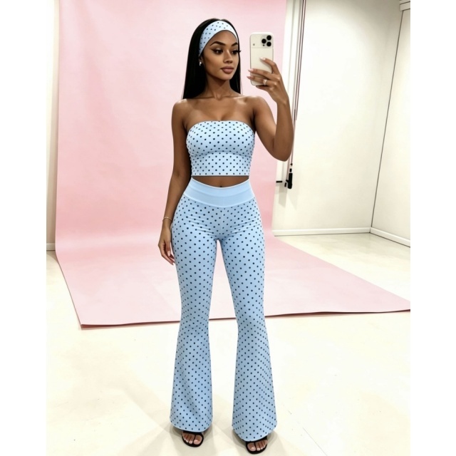 Dots Printed Tube Top Flare Pant Set with Headscarf