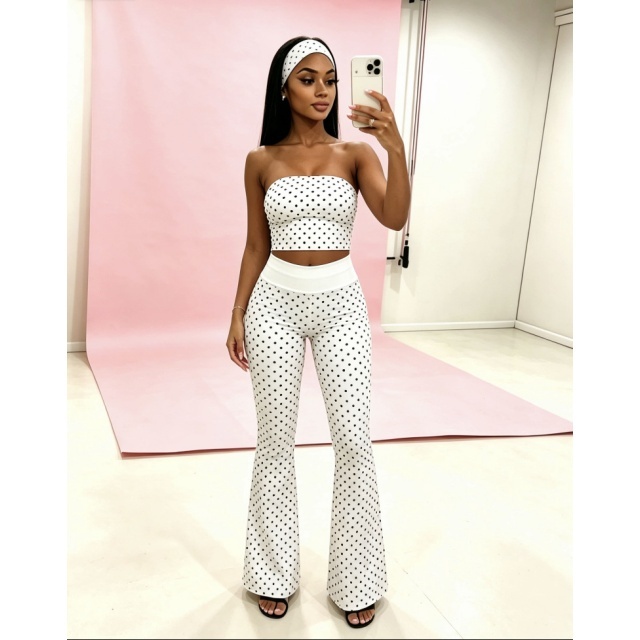 Dots Printed Tube Top Flare Pant Set with Headscarf