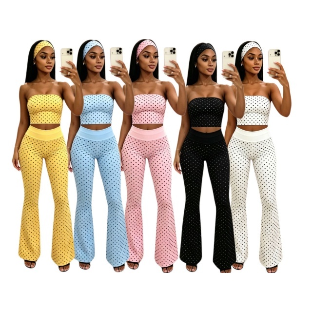 Dots Printed Tube Top Flare Pant Set with Headscarf