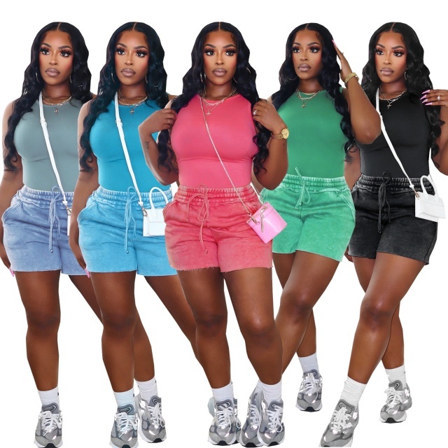 Solid Color Tank Top Washed Shorts Set