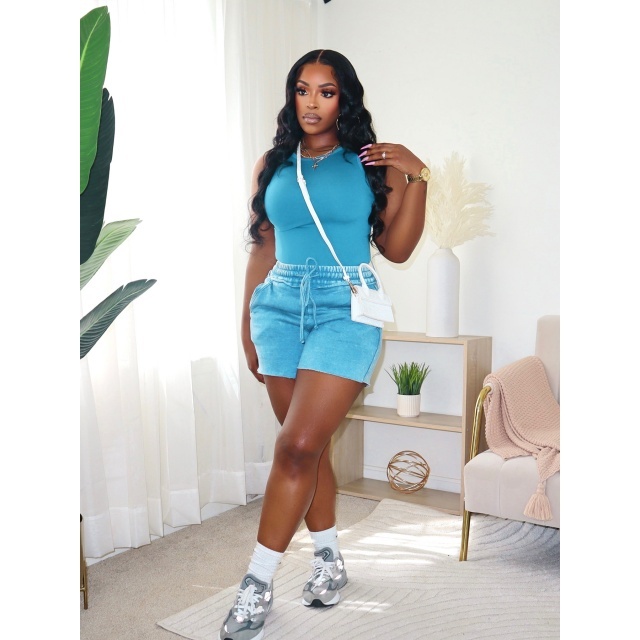 Solid Color Tank Top Washed Shorts Set
