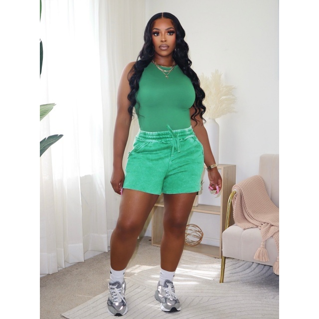 Solid Color Tank Top Washed Shorts Set