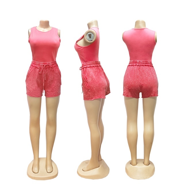 Solid Color Tank Top Washed Shorts Set