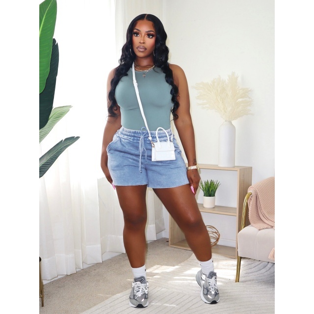 Solid Color Tank Top Washed Shorts Set