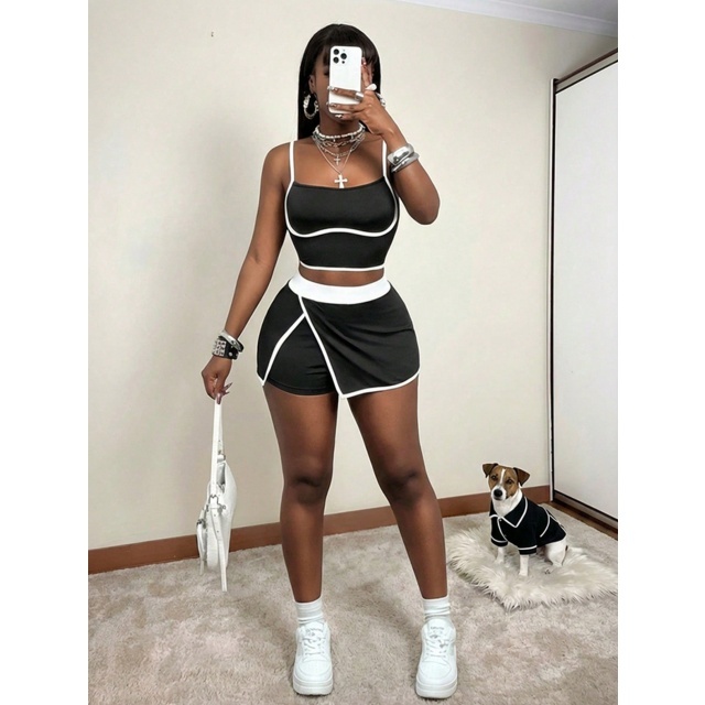 Contrast Color Cami Top Slim Fitted Skirt Short Set