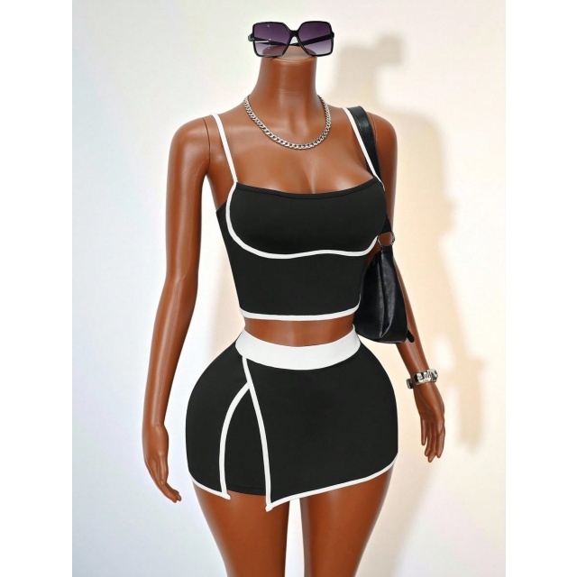 Contrast Color Cami Top Slim Fitted Skirt Short Set