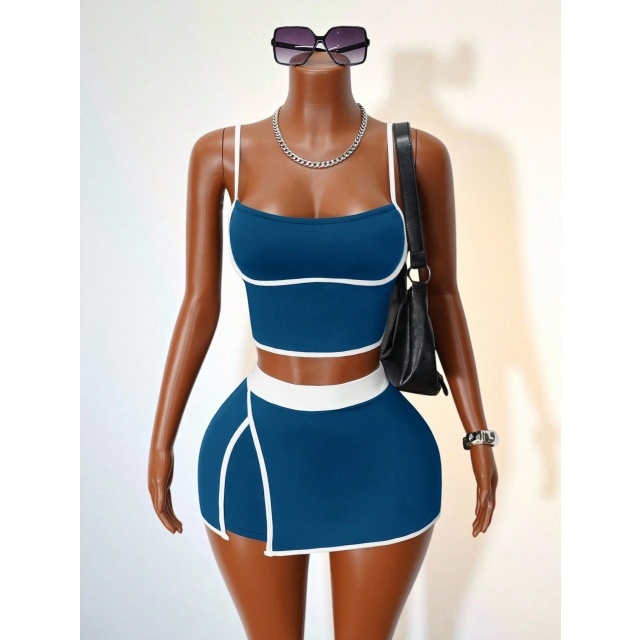Contrast Color Cami Top Slim Fitted Skirt Short Set