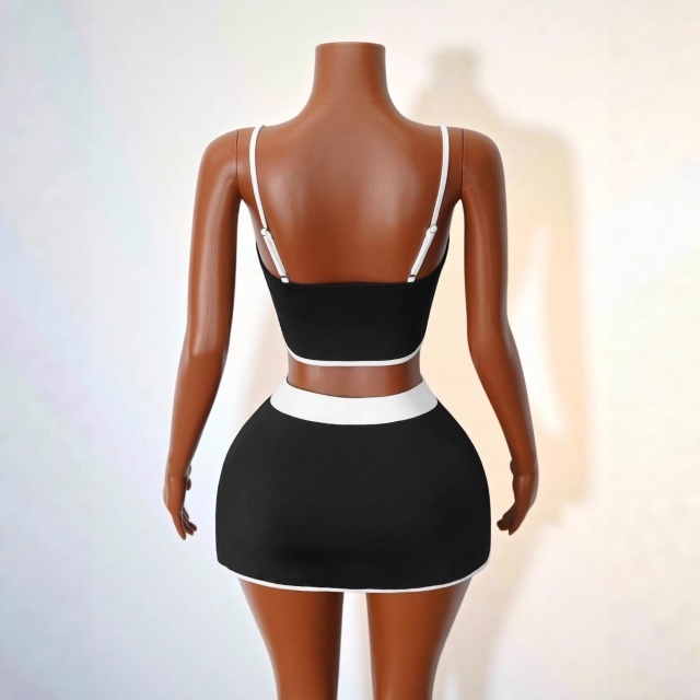 Contrast Color Cami Top Slim Fitted Skirt Short Set