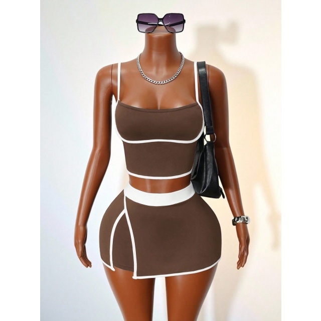 Contrast Color Cami Top Slim Fitted Skirt Short Set