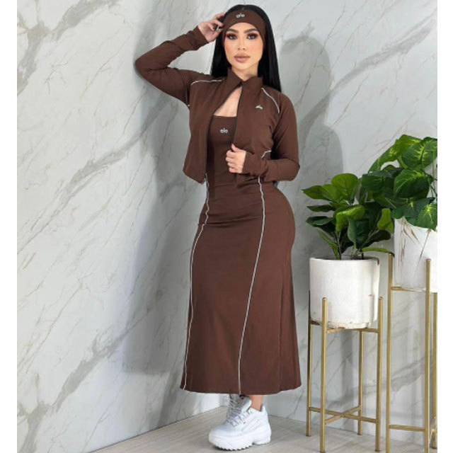 Fashion Women Sport Jacket Top Maxi Skirt Set