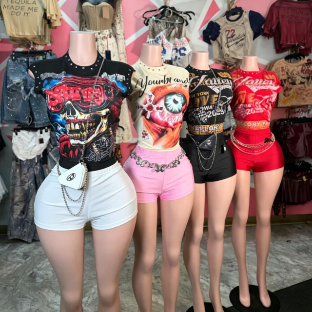 Graphic Tees Biker Shorts Two Pieces Set