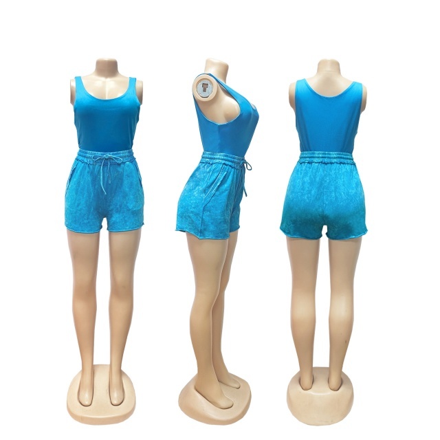 Solid Color Tank Top Washed Shorts Set