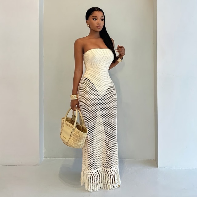 Off Shoulder Strapless Hollow Out Maxi Dress