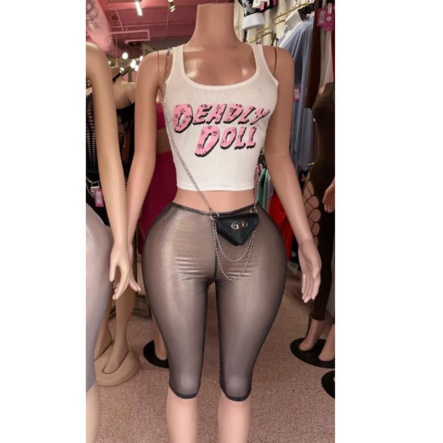 Letters Printed Tank Top See Through Midi Pant Set