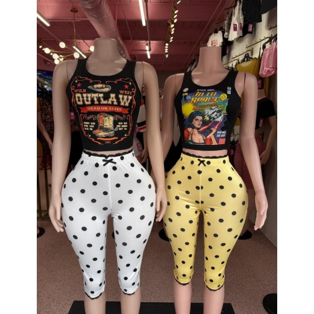 Printed U Neck Tank Top Fitted Midi Pant Set