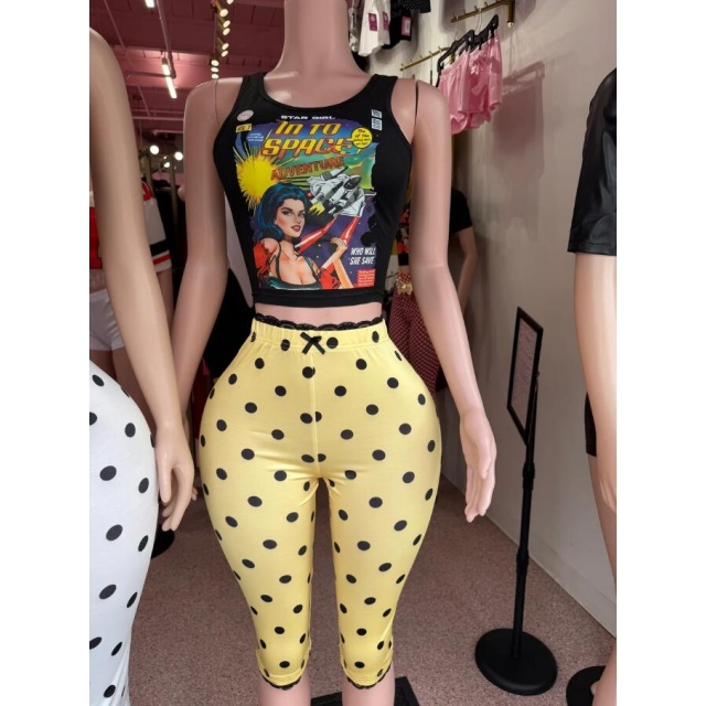 Printed U Neck Tank Top Fitted Midi Pant Set