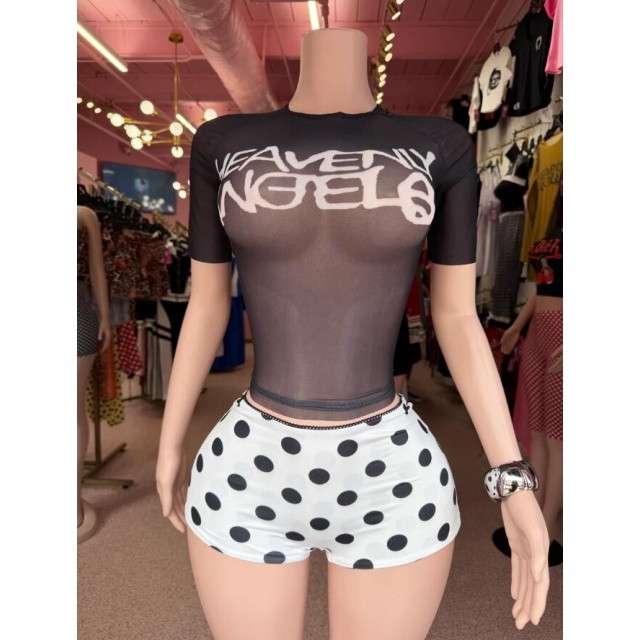 Sheer Mesh Top Dots Printed Mini Shorts Set